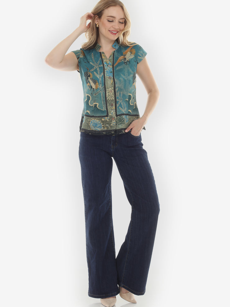 Crane Bamboo Floral Engineered Cap Sleeve Silk Blouse