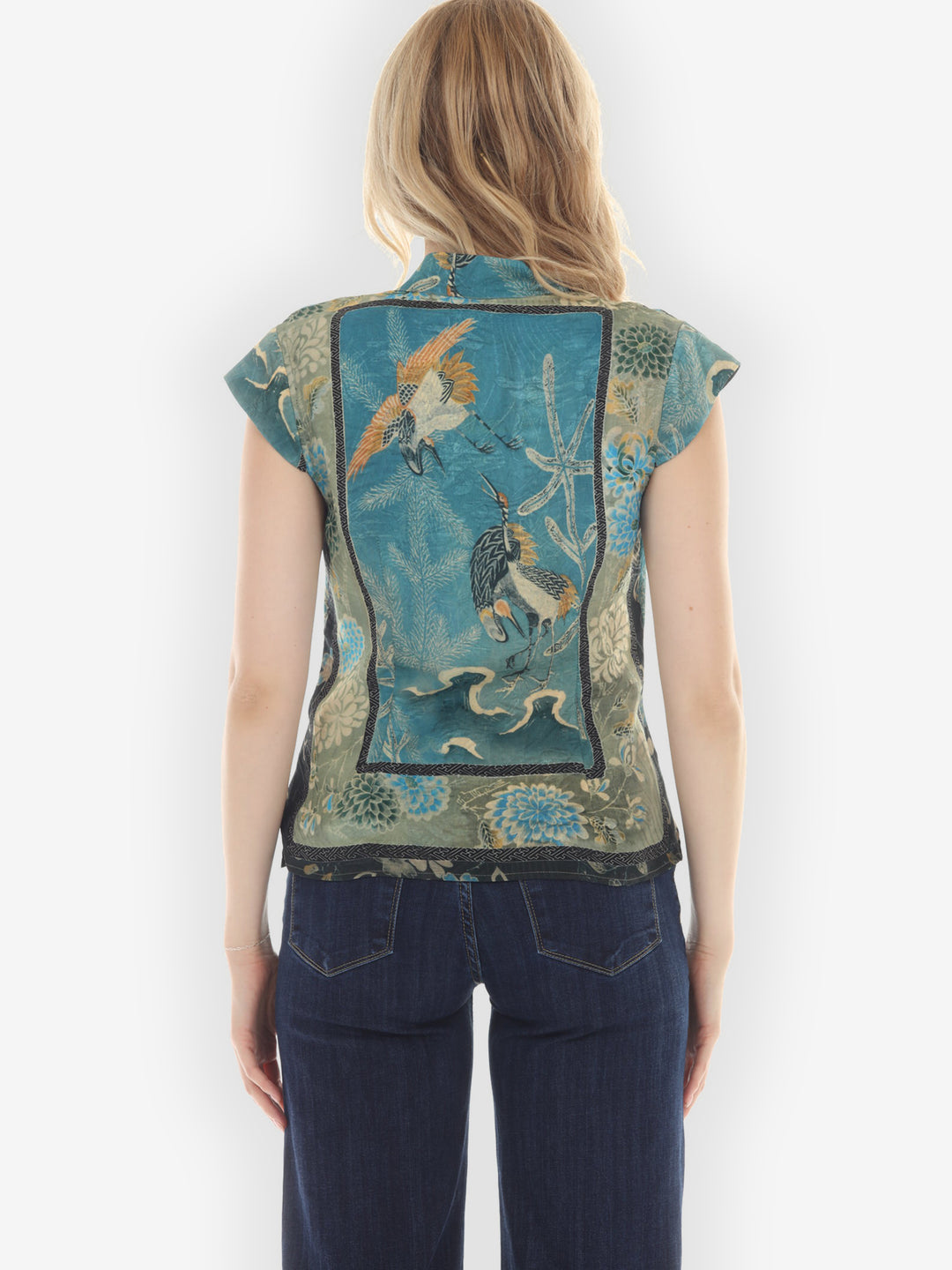 Crane Bamboo Floral Engineered Cap Sleeve Silk Blouse