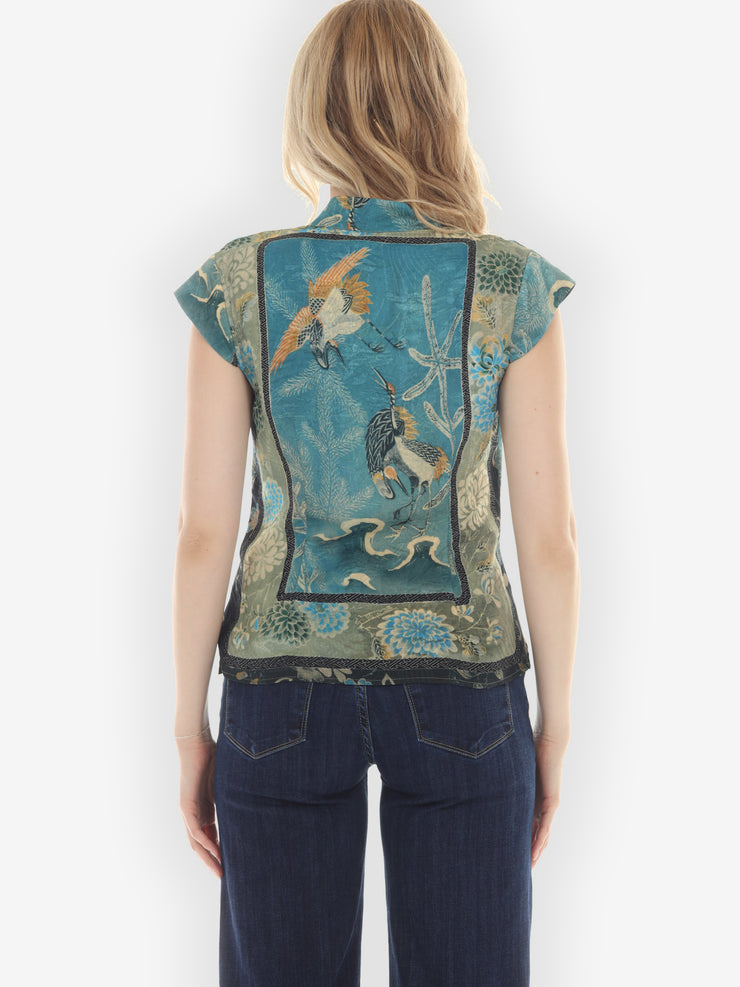 Crane Bamboo Floral Engineered Cap Sleeve Silk Blouse
