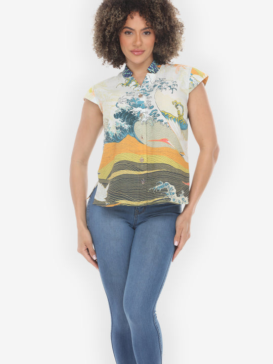 Crane Flying Sky Cap Sleeve Blouse