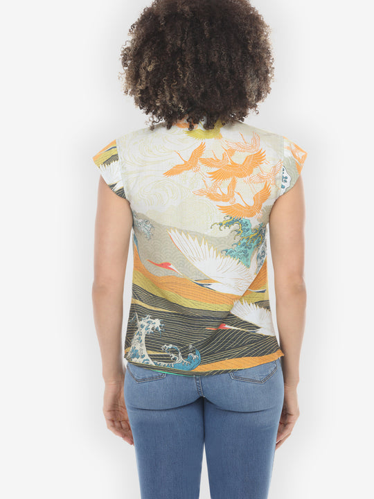 Crane Flying Sky Cap Sleeve Blouse
