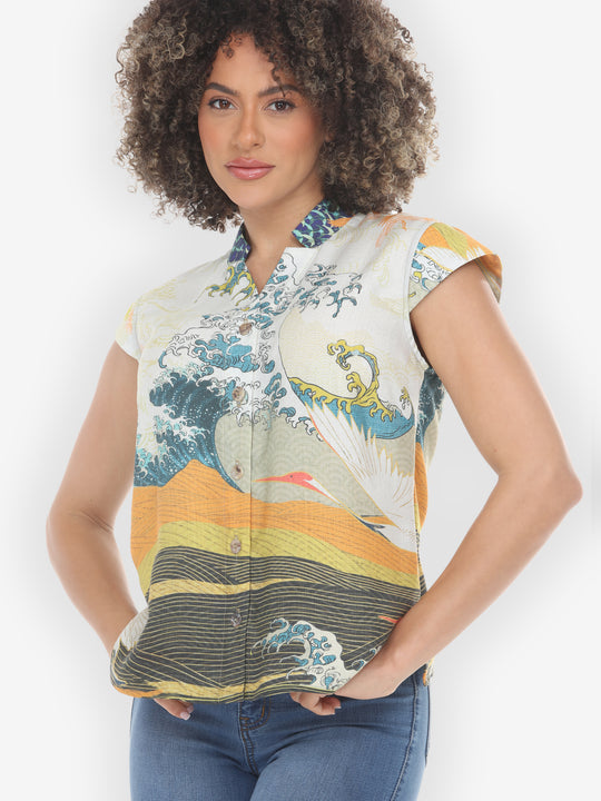 Crane Flying Sky Cap Sleeve Blouse