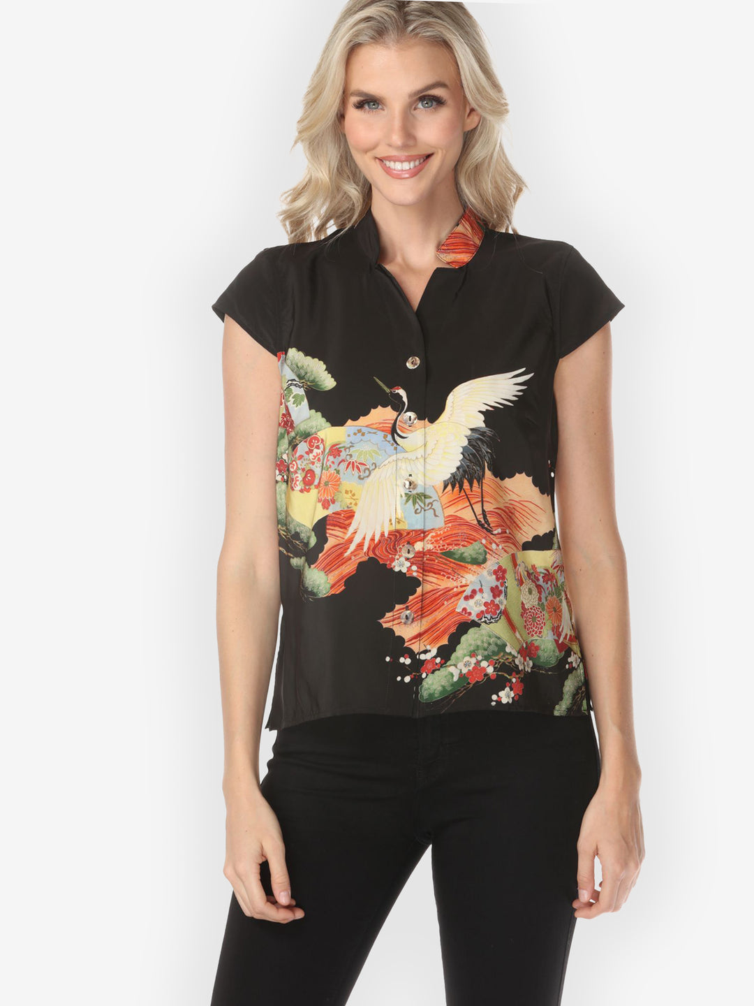 Fans Cranes Pines Silk Cap Sleeve Blouse