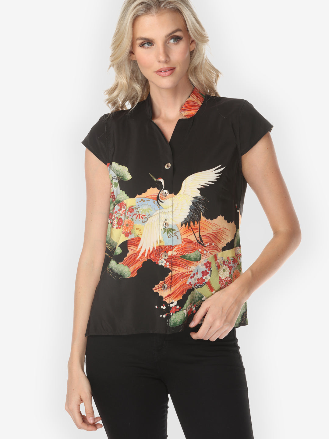 Fans Cranes Pines Silk Cap Sleeve Blouse