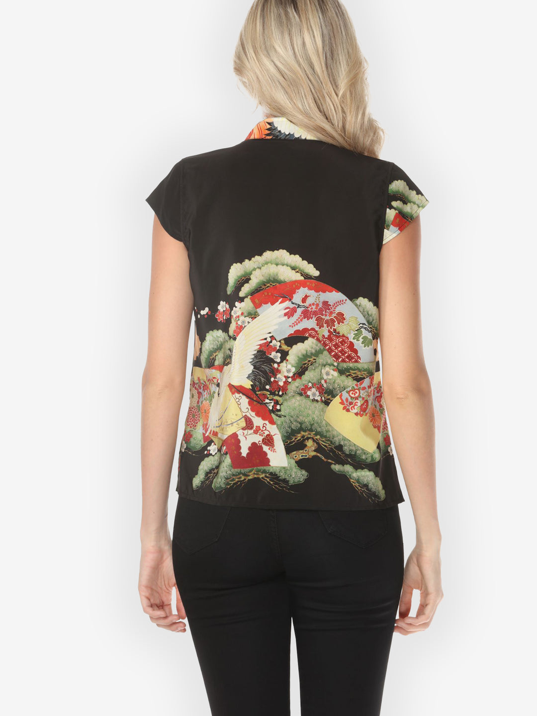 Fans Cranes Pines Silk Cap Sleeve Blouse