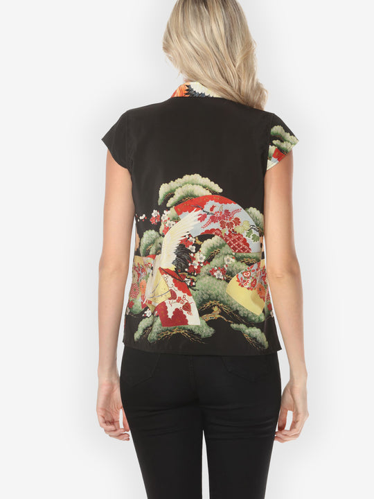 Fans Cranes Pines Silk Cap Sleeve Blouse