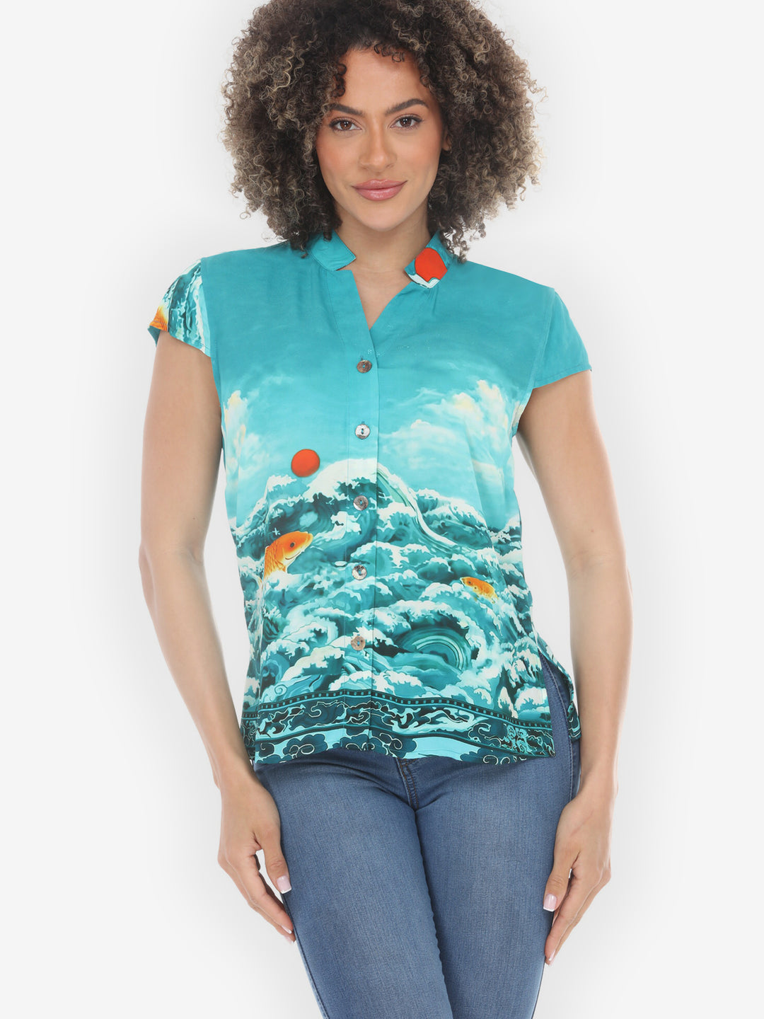 Medalion Koi Fish Wave in Turquoise Cap Sleeve Blouse -M