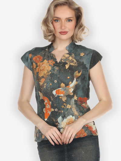 Noble Koi Fish Cap Sleeve Blouse - M