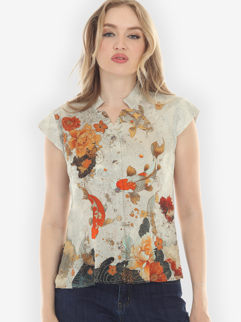 Noble Koi Fish in Cream Cap Sleeve Blouse