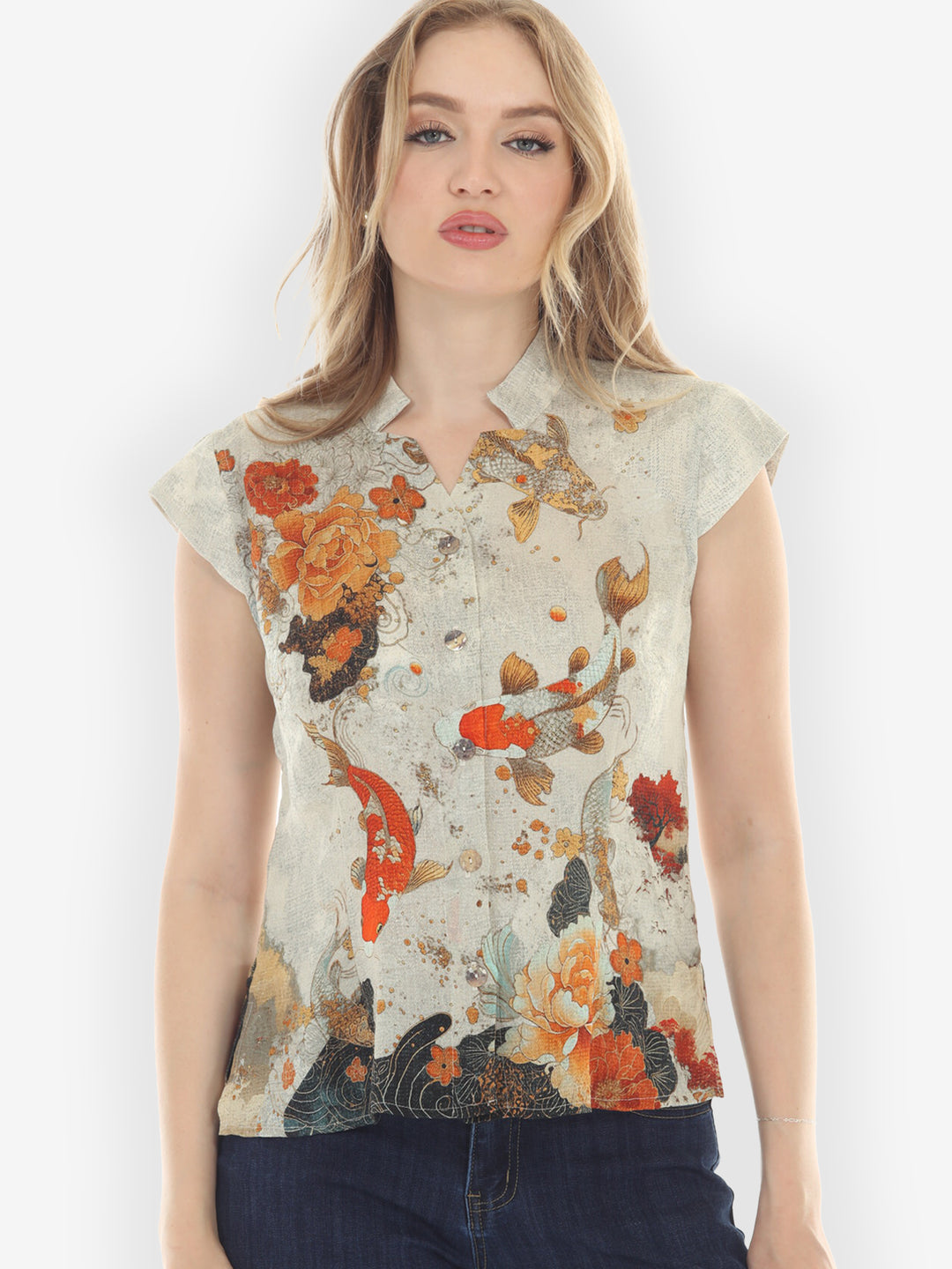 Noble Koi Fish in Cream Cap Sleeve Blouse