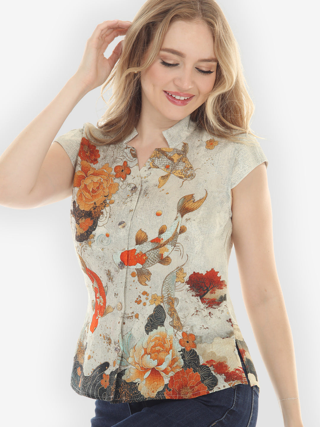 Noble Koi Fish in Cream Cap Sleeve Blouse