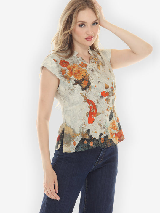 Noble Koi Fish in Cream Cap Sleeve Blouse