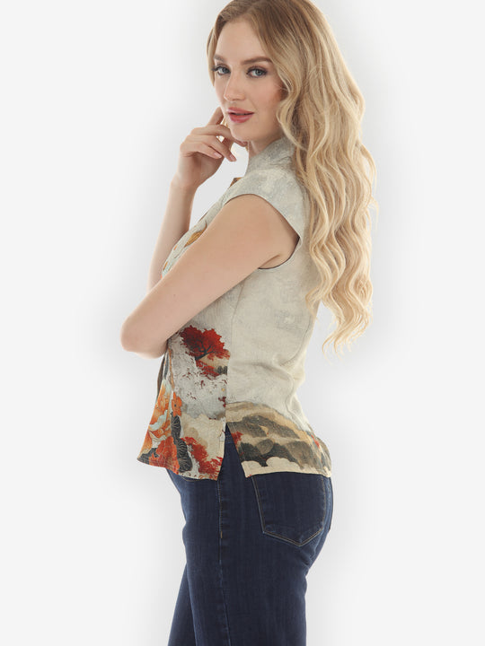 Noble Koi Fish in Cream Cap Sleeve Blouse