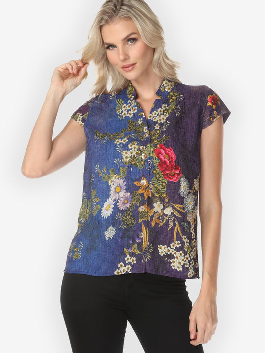 Peony and Blooming Cherry Cap Sleeve Silk Blouse