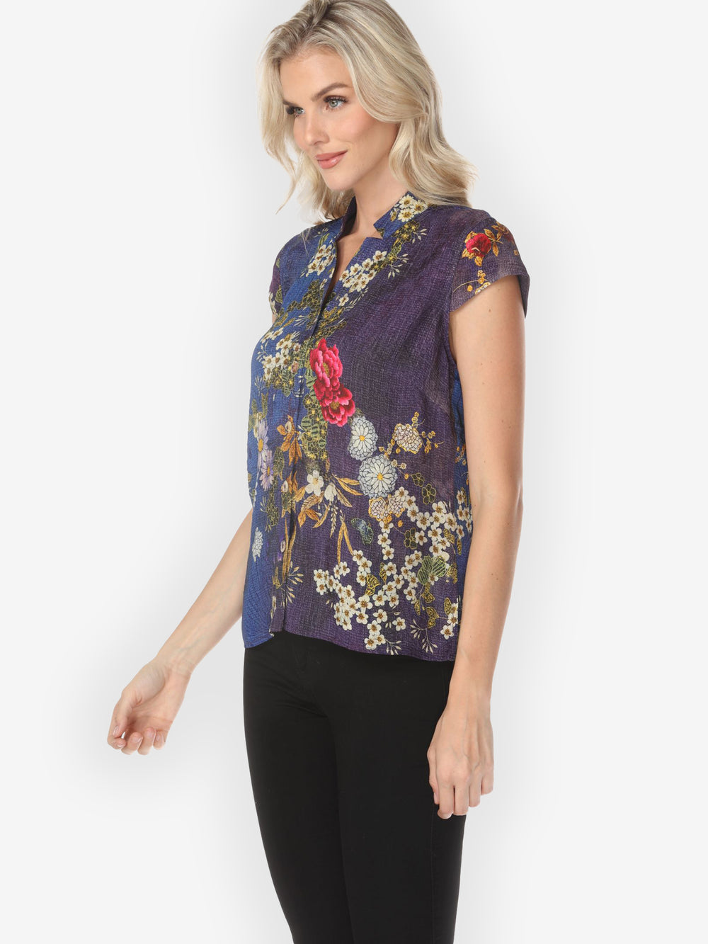 Peony and Blooming Cherry Cap Sleeve Silk Blouse