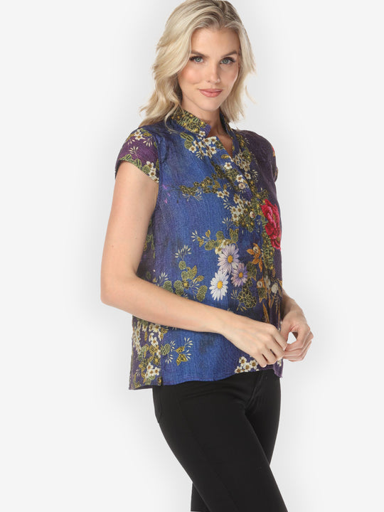 Peony and Blooming Cherry Cap Sleeve Silk Blouse