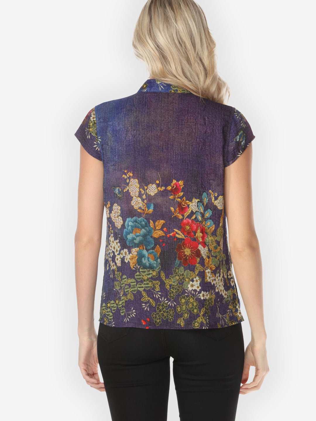 Peony and Blooming Cherry Cap Sleeve Silk Blouse