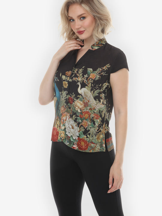 Peacock Garden in Black Cap Sleeve Blouse