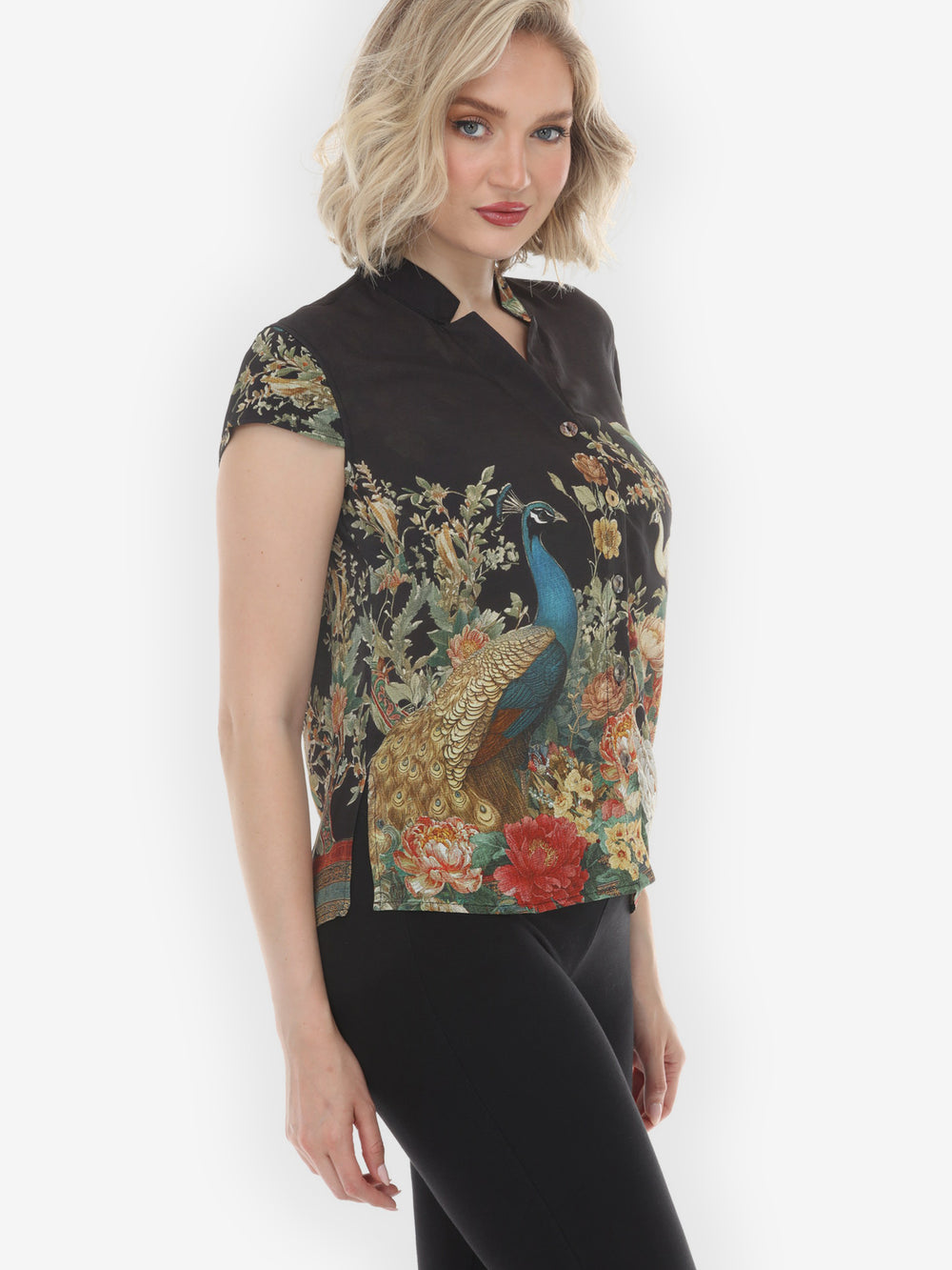 Peacock Garden in Black Cap Sleeve Blouse