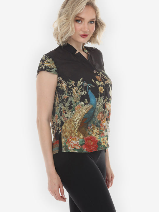 Peacock Garden in Black Cap Sleeve Blouse