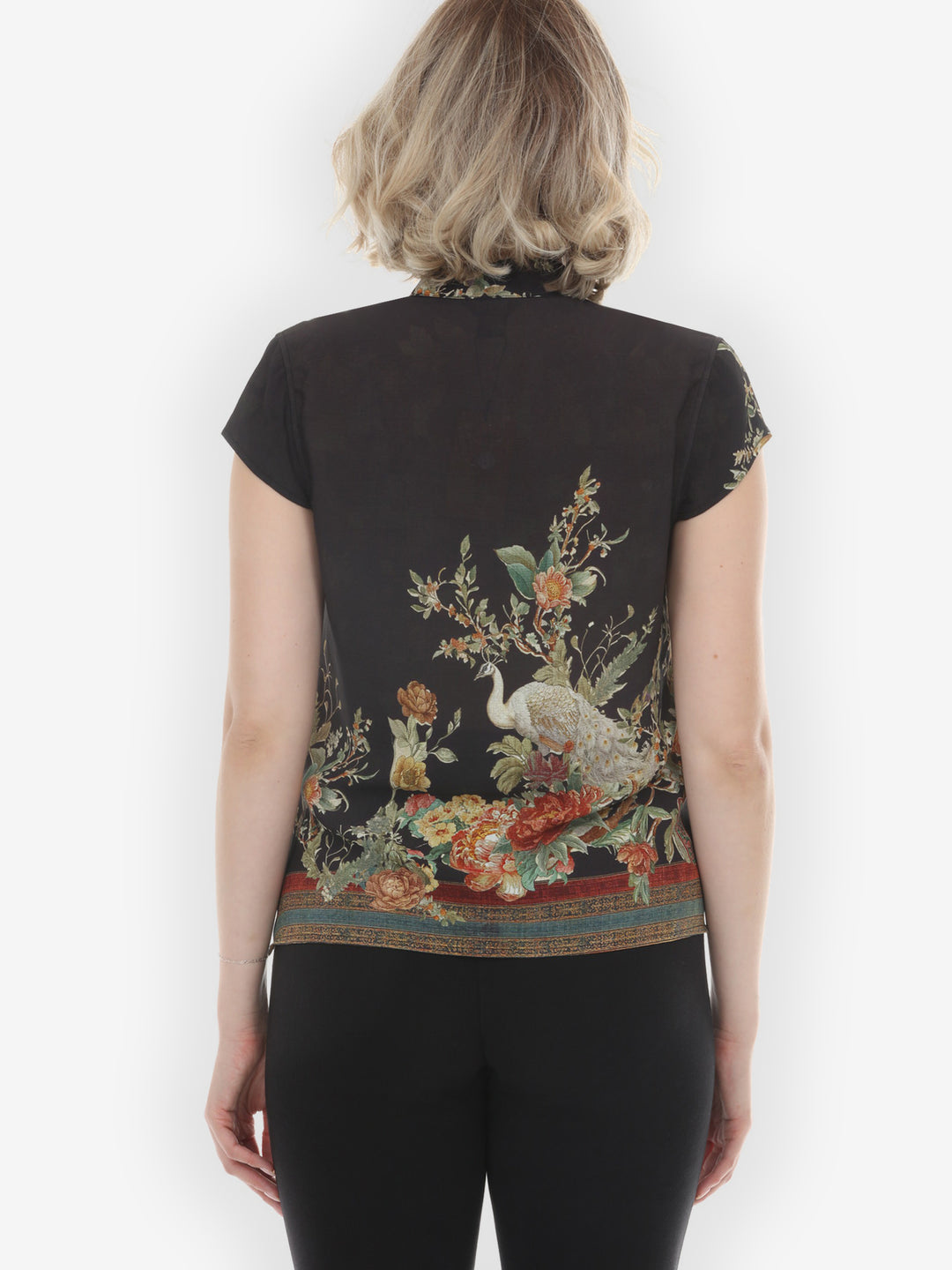 Peacock Garden in Black Cap Sleeve Blouse