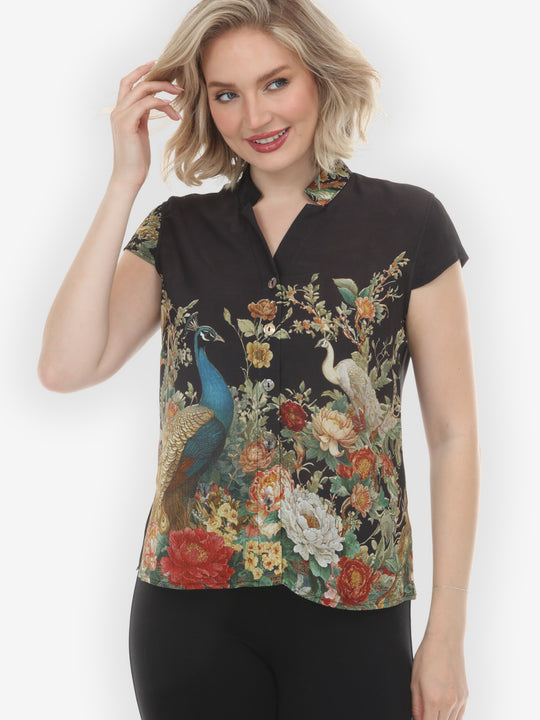 Peacock Garden in Black Cap Sleeve Blouse