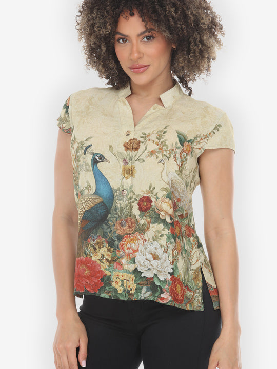 Peacock Garden in Cream Cap Sleeve Blouse - M