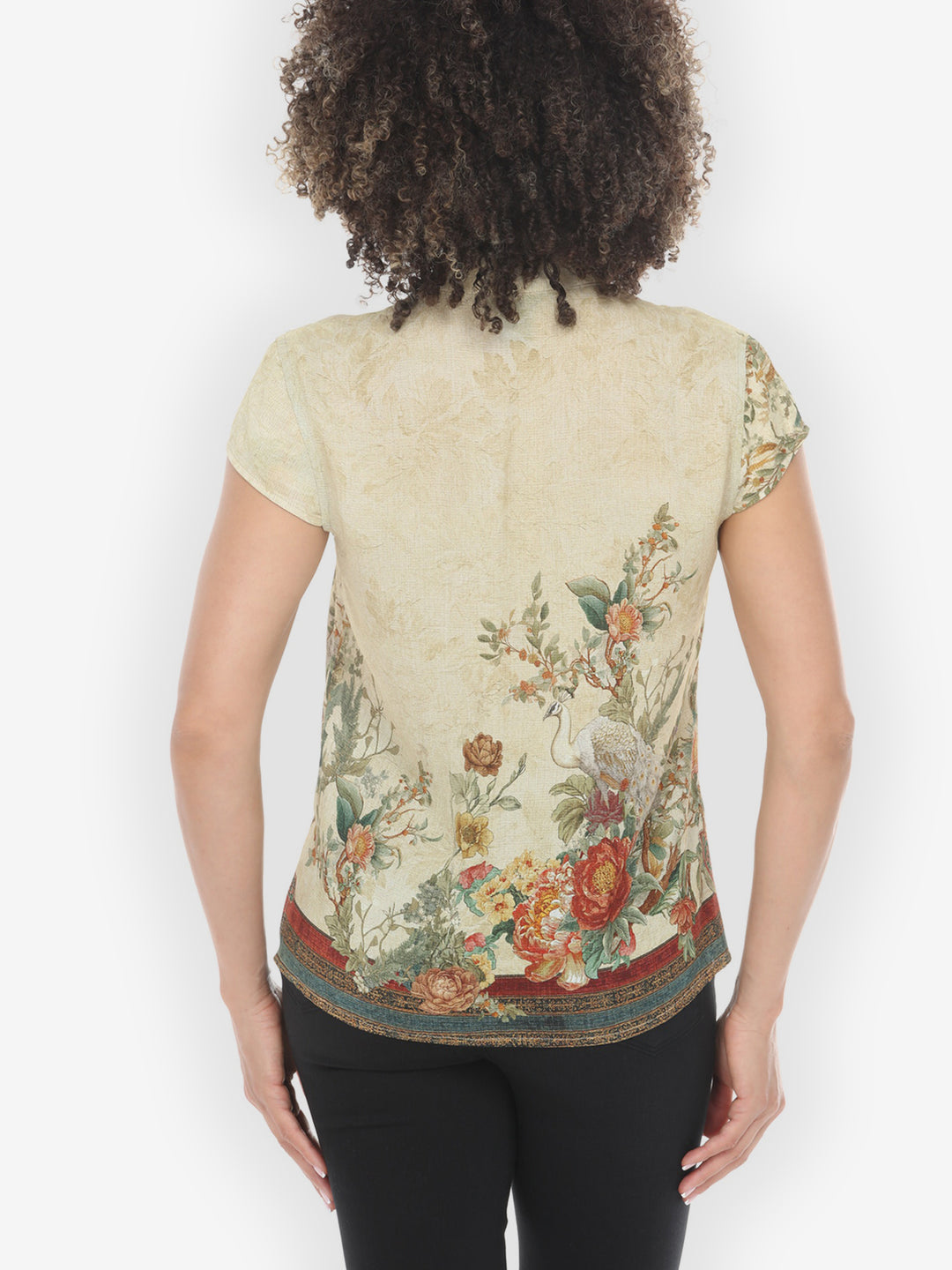 Peacock Garden in Cream Cap Sleeve Blouse - M