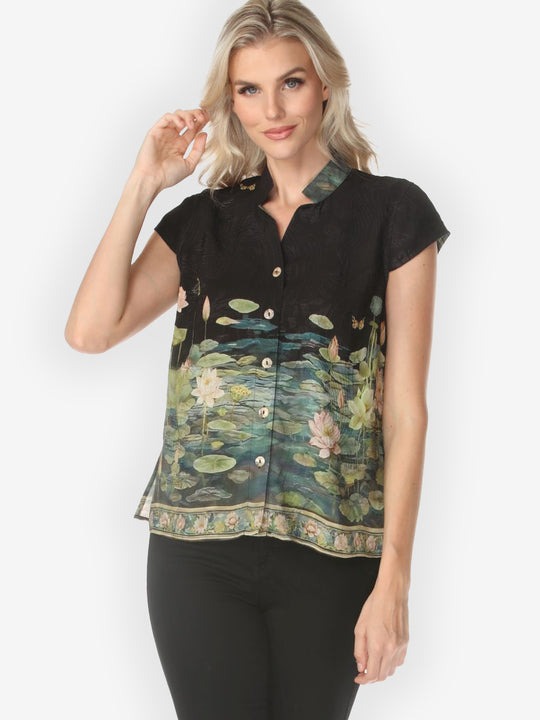 Peaceful Lotus Pond Silk Cap Sleeve Blouse