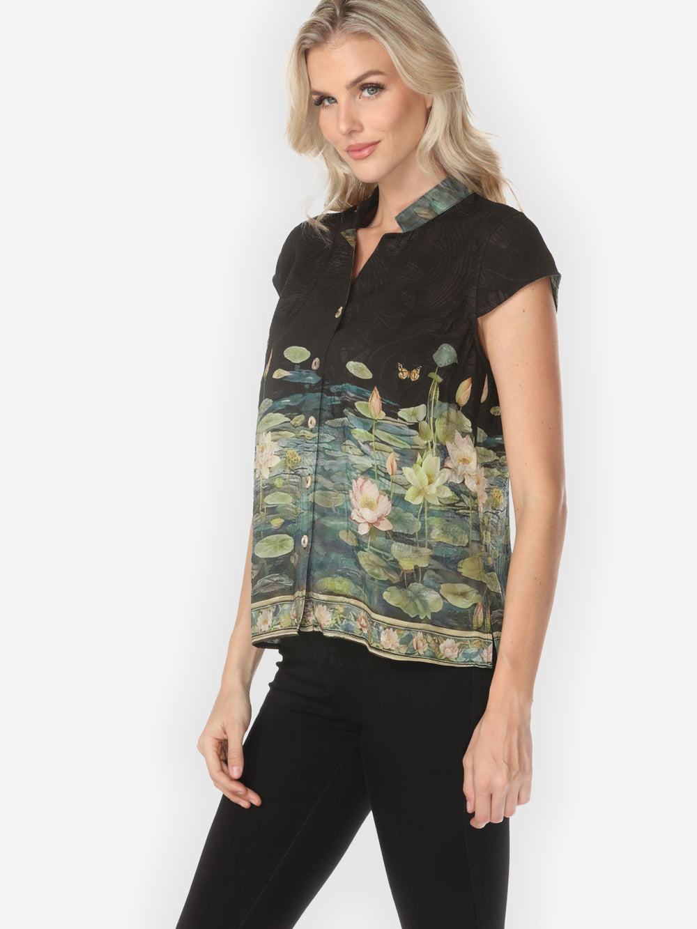 Peaceful Lotus Pond Silk Cap Sleeve Blouse