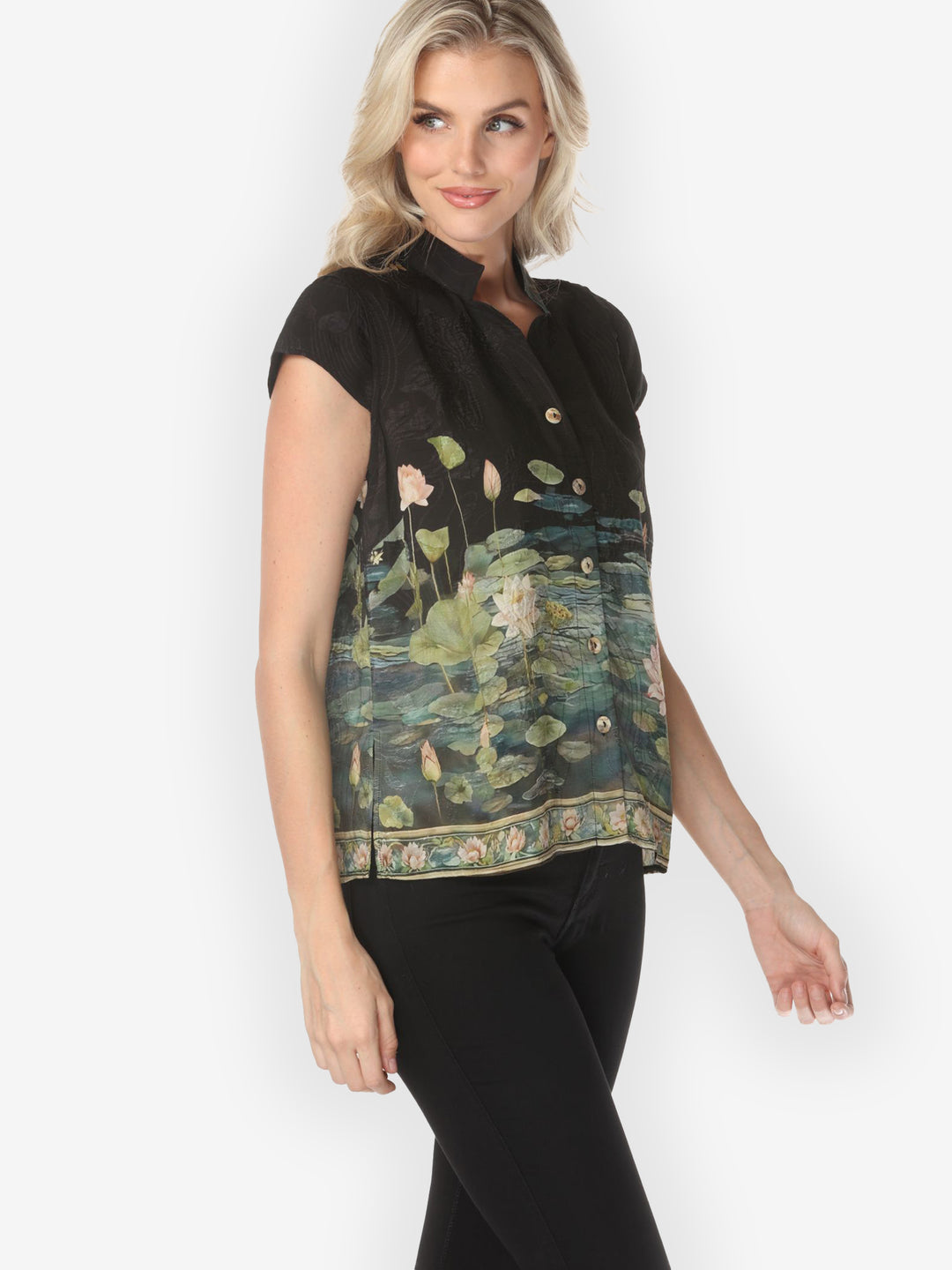 Peaceful Lotus Pond Silk Cap Sleeve Blouse