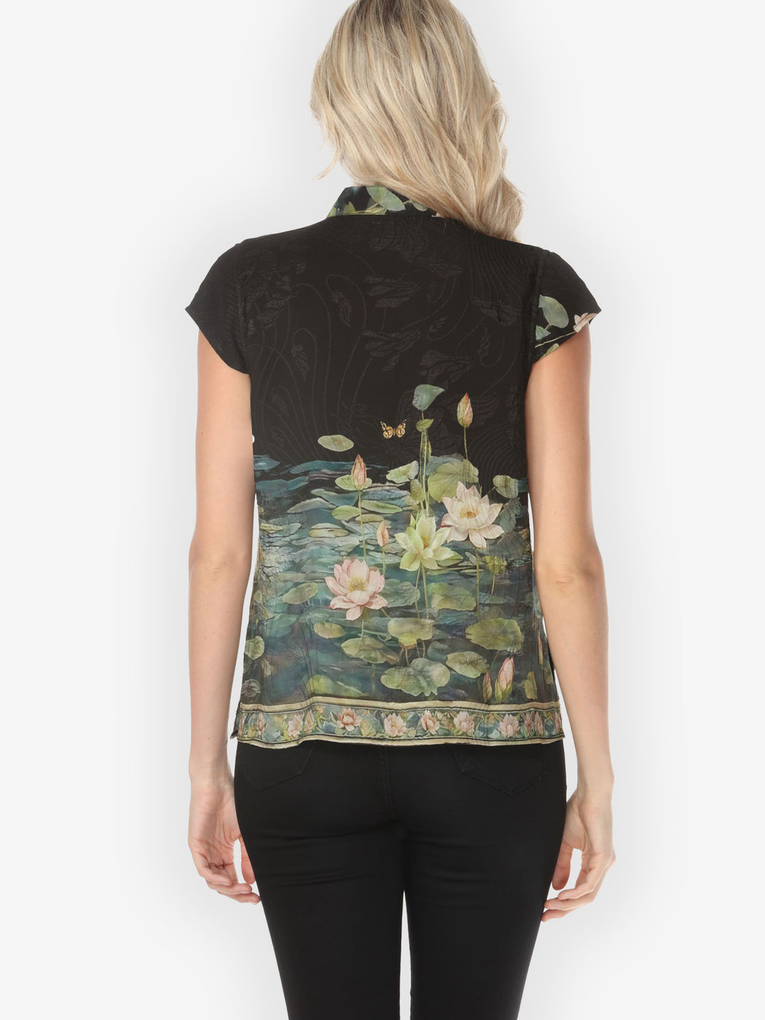 Peaceful Lotus Pond Silk Cap Sleeve Blouse