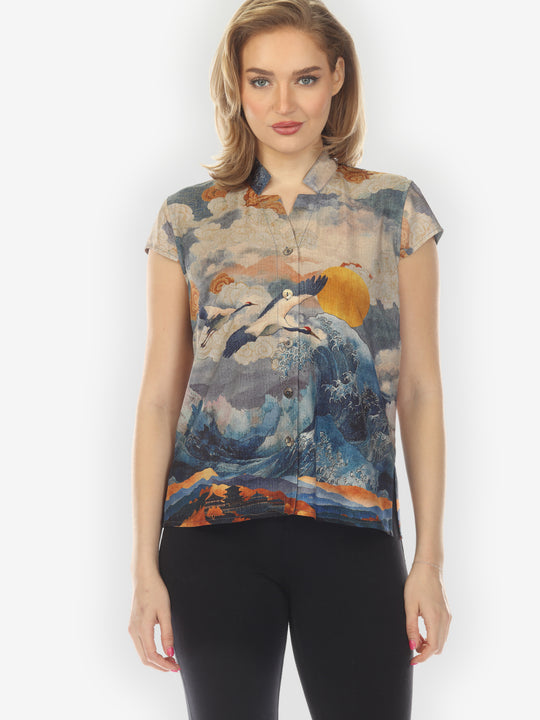 Sun Crane in Blue Cap Sleeve Blouse