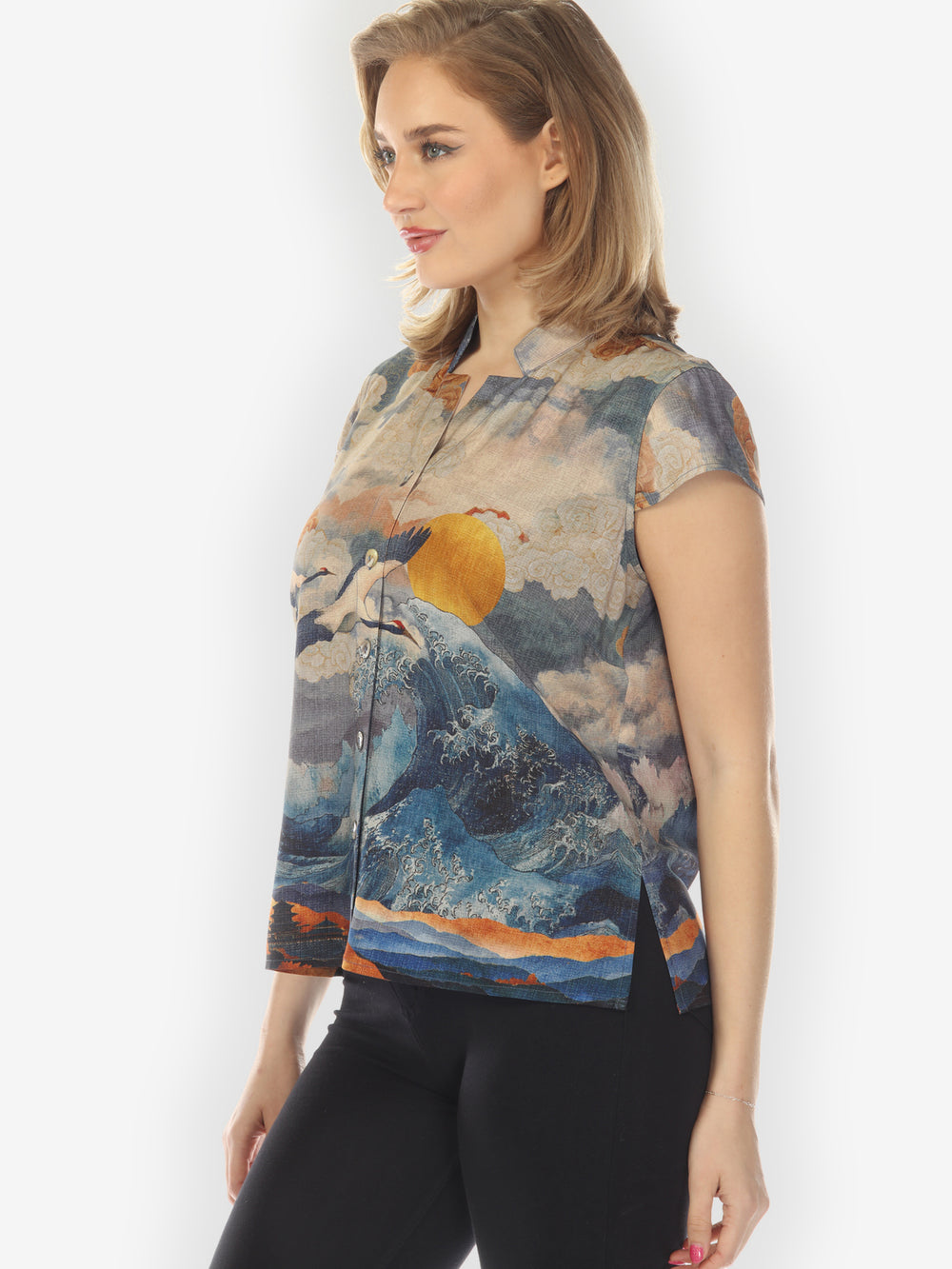 Sun Crane in Blue Cap Sleeve Blouse