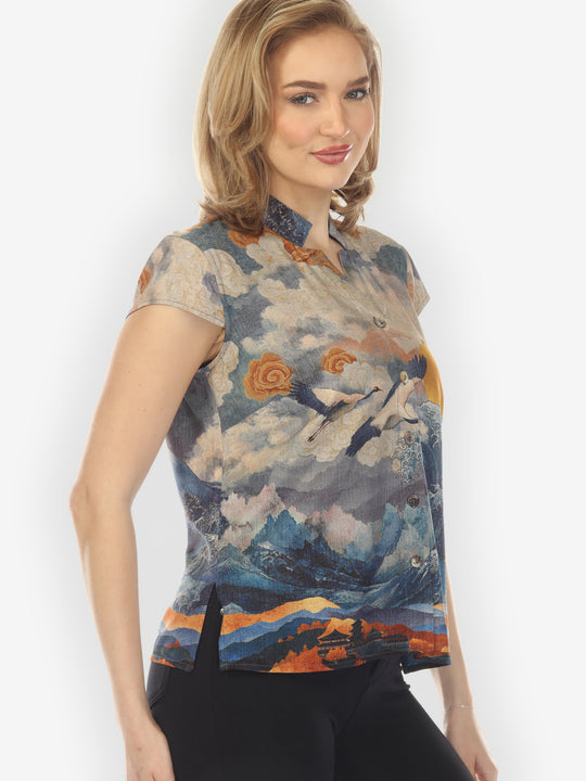 Sun Crane in Blue Cap Sleeve Blouse
