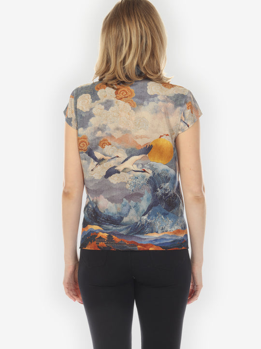 Sun Crane in Blue Cap Sleeve Blouse