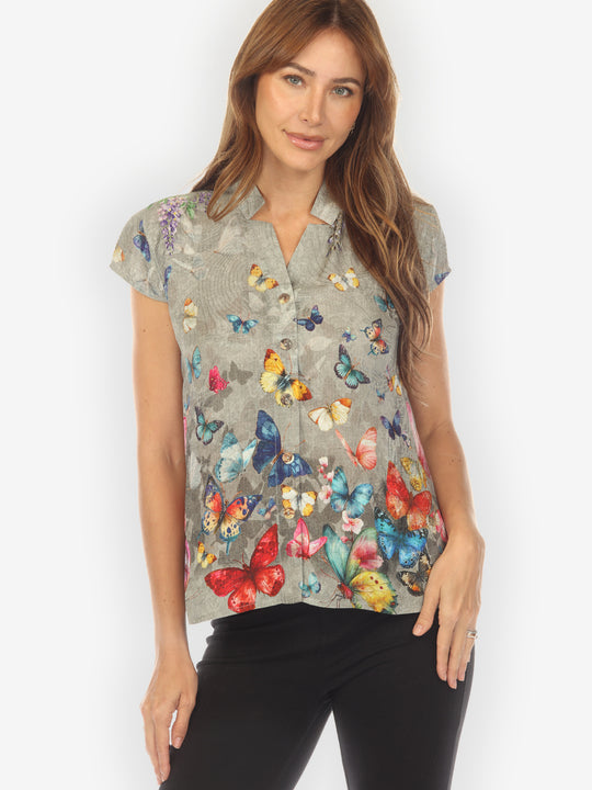 Swarm of Butterflies Cap Sleeve Silk Blouse