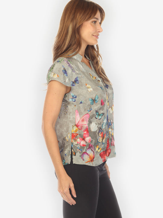 Swarm of Butterflies Cap Sleeve Silk Blouse
