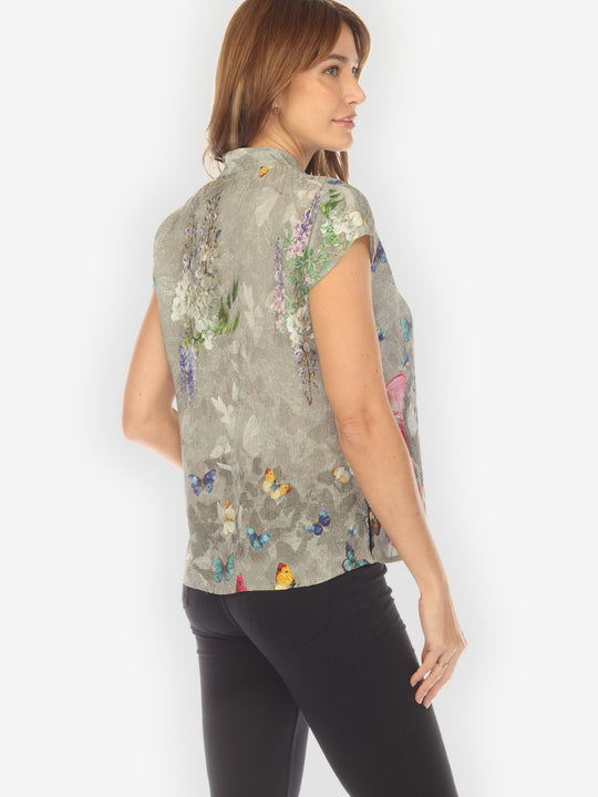 Swarm of Butterflies Cap Sleeve Silk Blouse