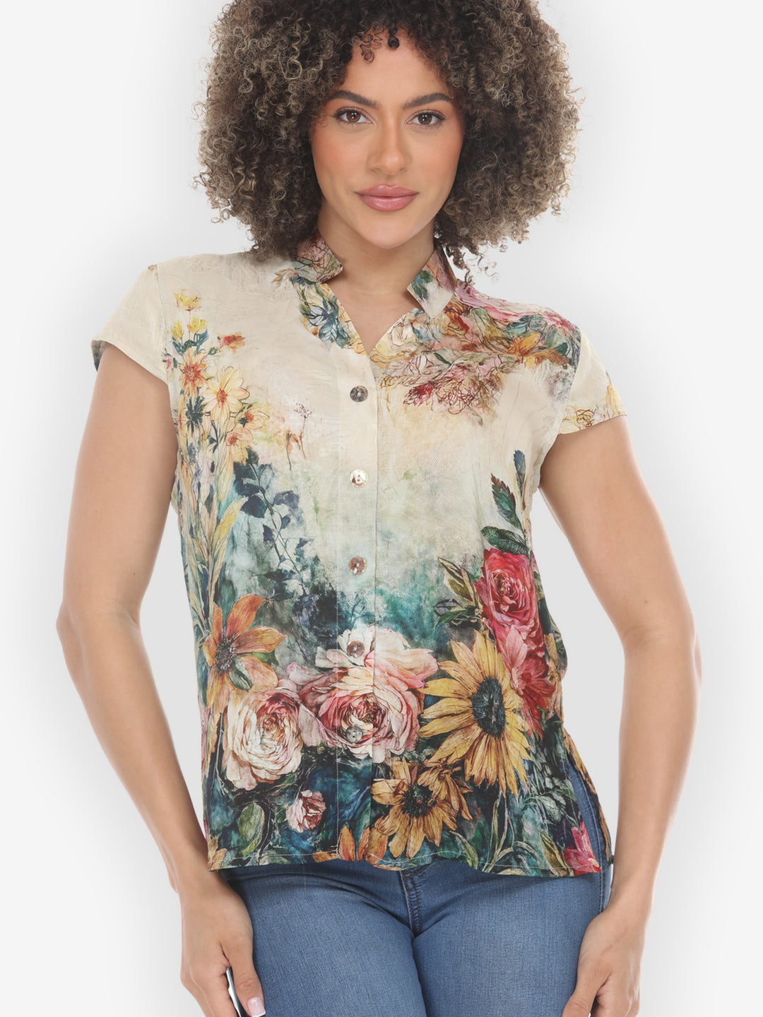 Vintage Floral Art Silk Cap Sleeve Blouse
