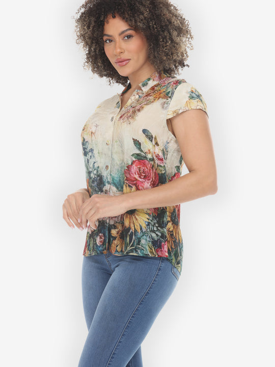 Vintage Floral Art Silk Cap Sleeve Blouse