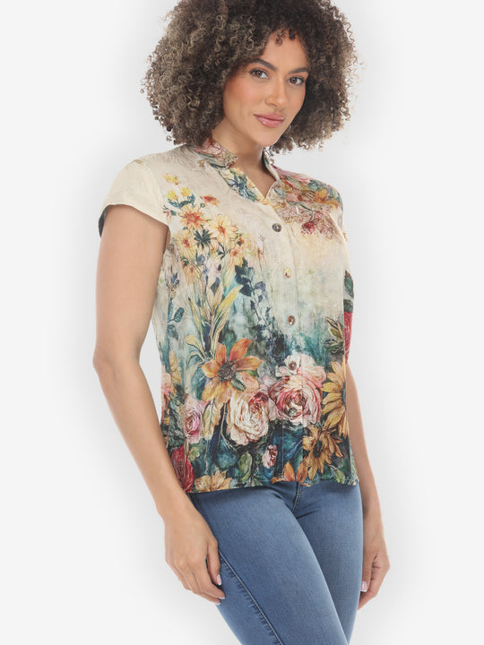 Vintage Floral Art Silk Cap Sleeve Blouse