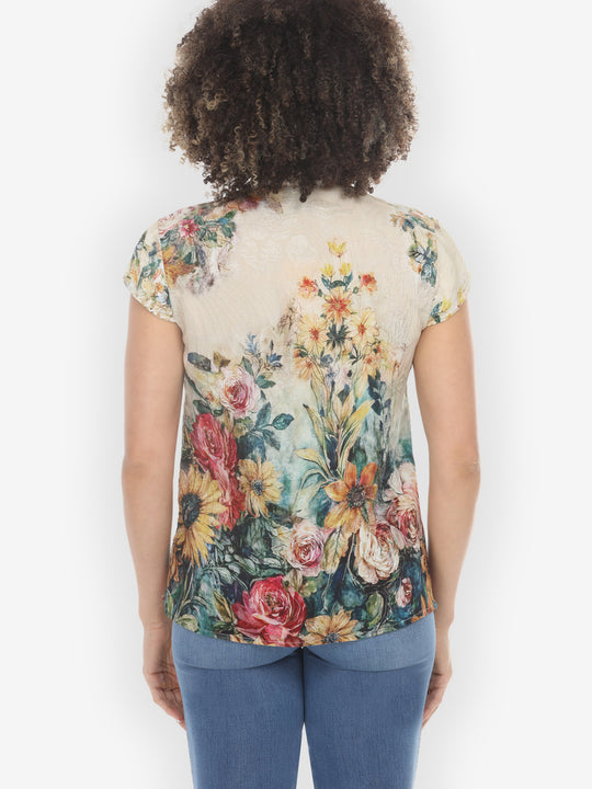 Vintage Floral Art Silk Cap Sleeve Blouse