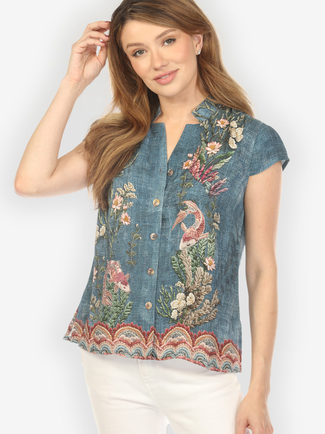 Vintage Koi Embroidery Silk Cap Sleeve Blouse