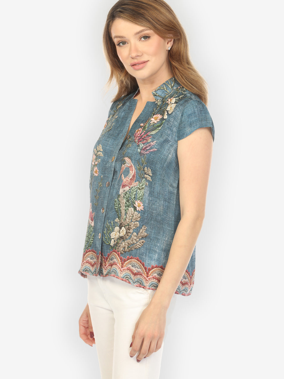 Vintage Koi Embroidery Silk Cap Sleeve Blouse