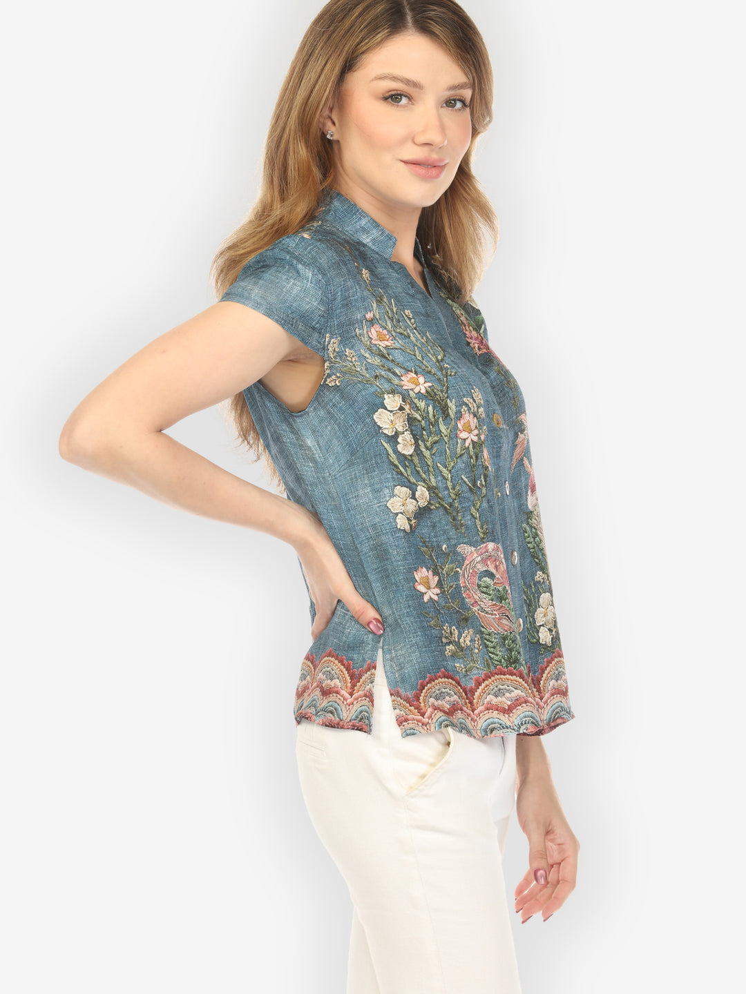 Vintage Koi Embroidery Silk Cap Sleeve Blouse