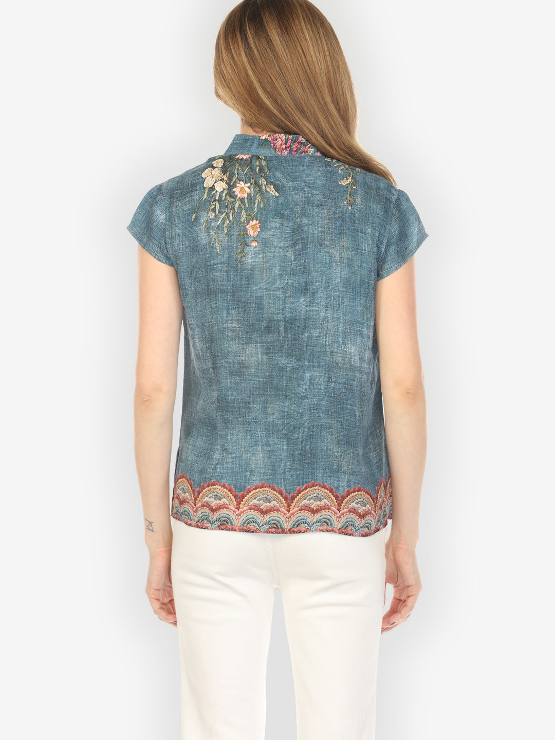 Vintage Koi Embroidery Silk Cap Sleeve Blouse