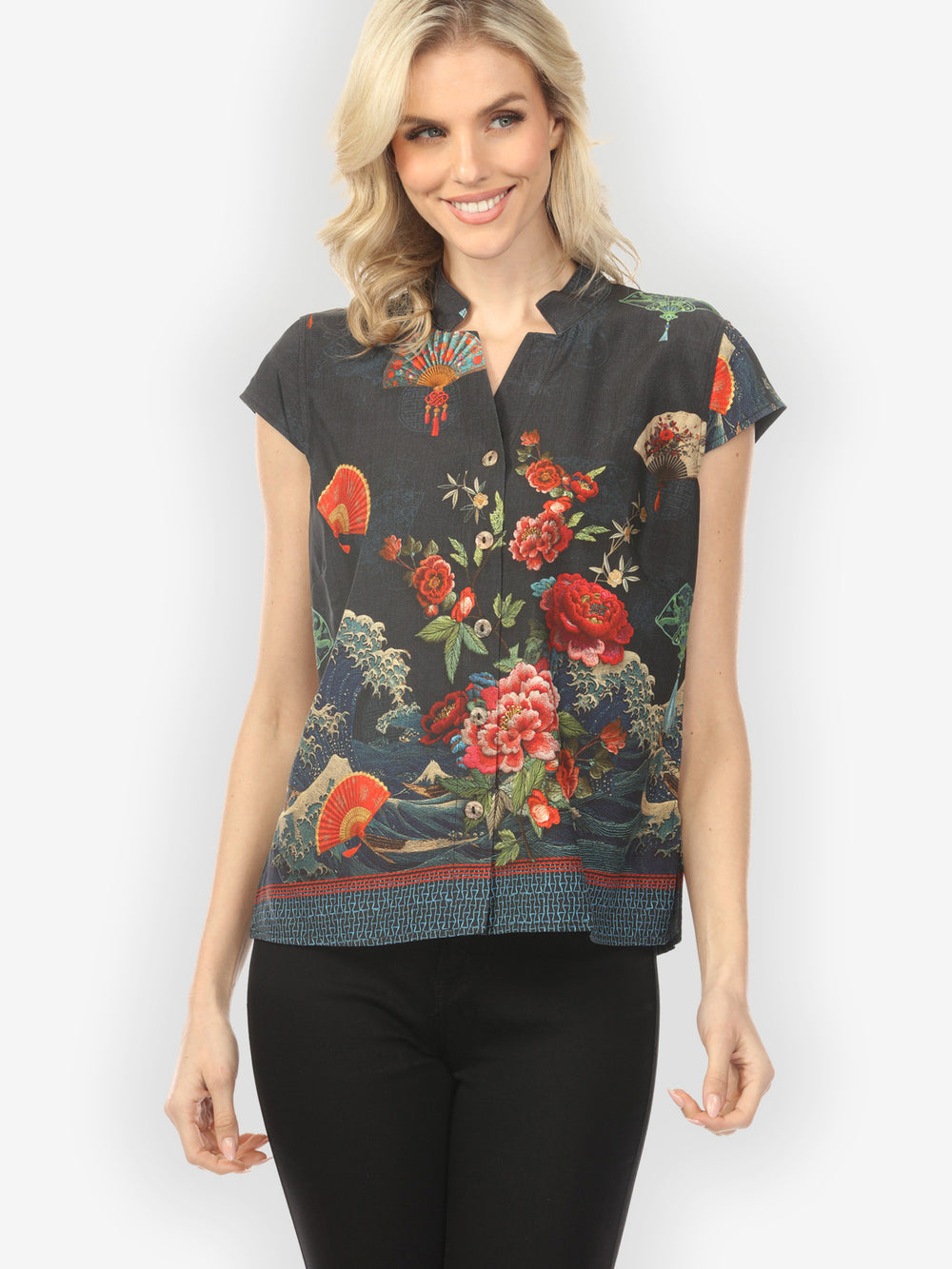Waves Fans Flowers in Black Cap Sleeve Blouse