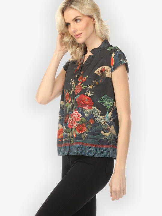 Waves Fans Flowers in Black Cap Sleeve Blouse