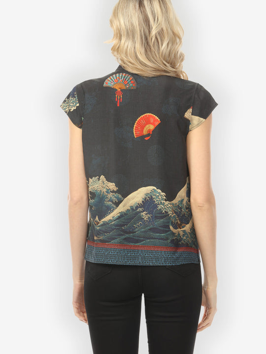 Waves Fans Flowers in Black Cap Sleeve Blouse